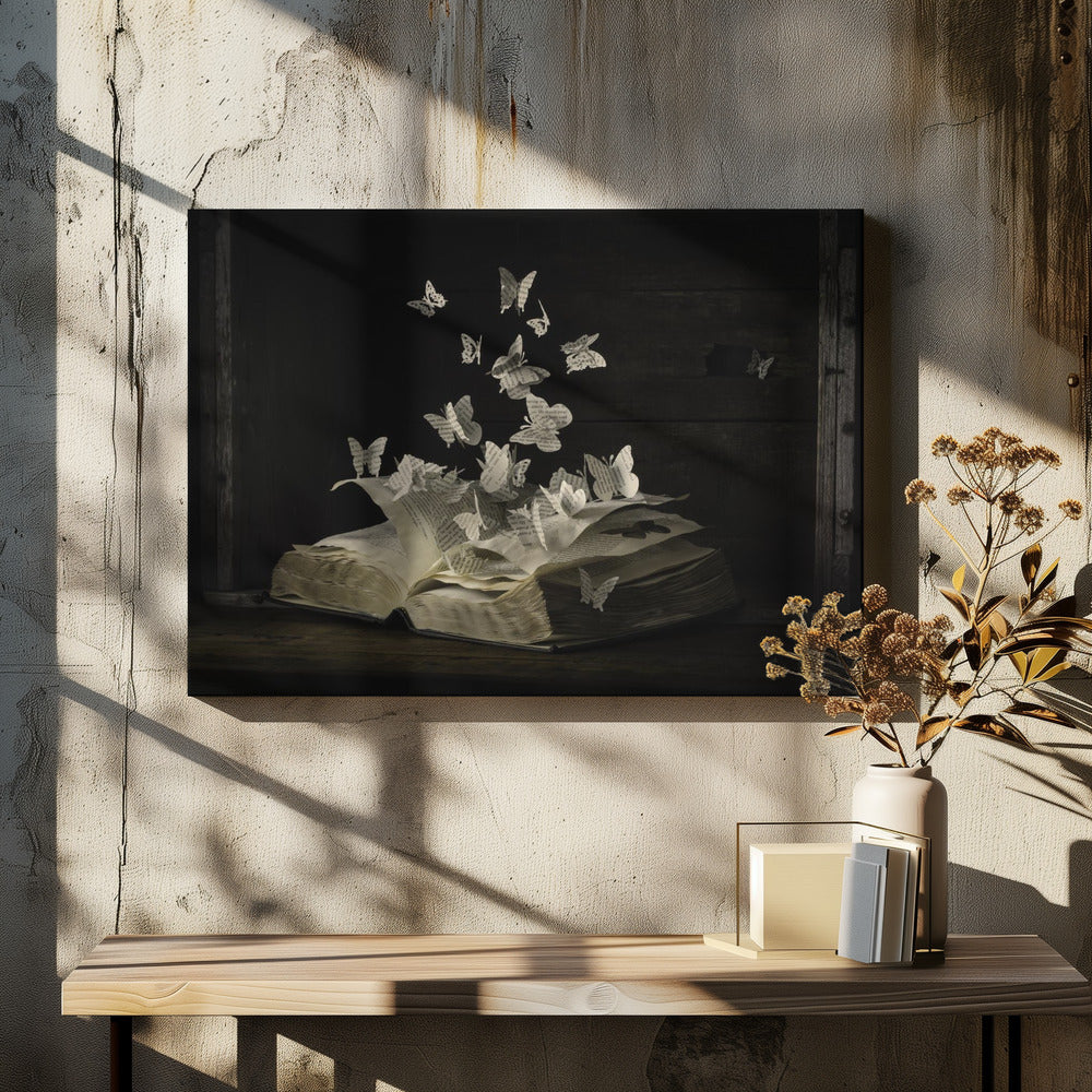 A conceptual artwork depicting an open vintage book on a dark wooden table. Dozens of butterflies, crafted from the book's own printed pages, are emerging and flying upwards as if the story is coming to life against a dark, rustic background. Artwork