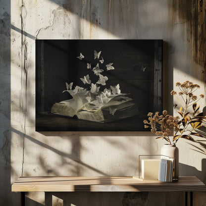 A conceptual artwork depicting an open vintage book on a dark wooden table. Dozens of butterflies, crafted from the book's own printed pages, are emerging and flying upwards as if the story is coming to life against a dark, rustic background. Artwork