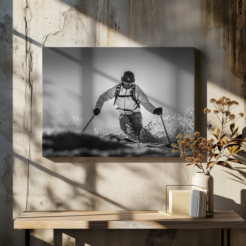 A black and white action photograph of a skier in full gear, leaning into a turn and spraying powder snow. The skier is backlit by the sun, creating a high-contrast, dramatic effect. Print