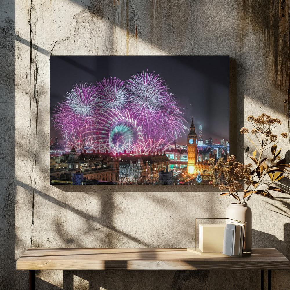 A vibrant night-time cityscape of London featuring a massive fireworks display in purple, pink, and white exploding over landmarks like the London Eye and the illuminated Big Ben clock tower, all within a silver frame. Decor