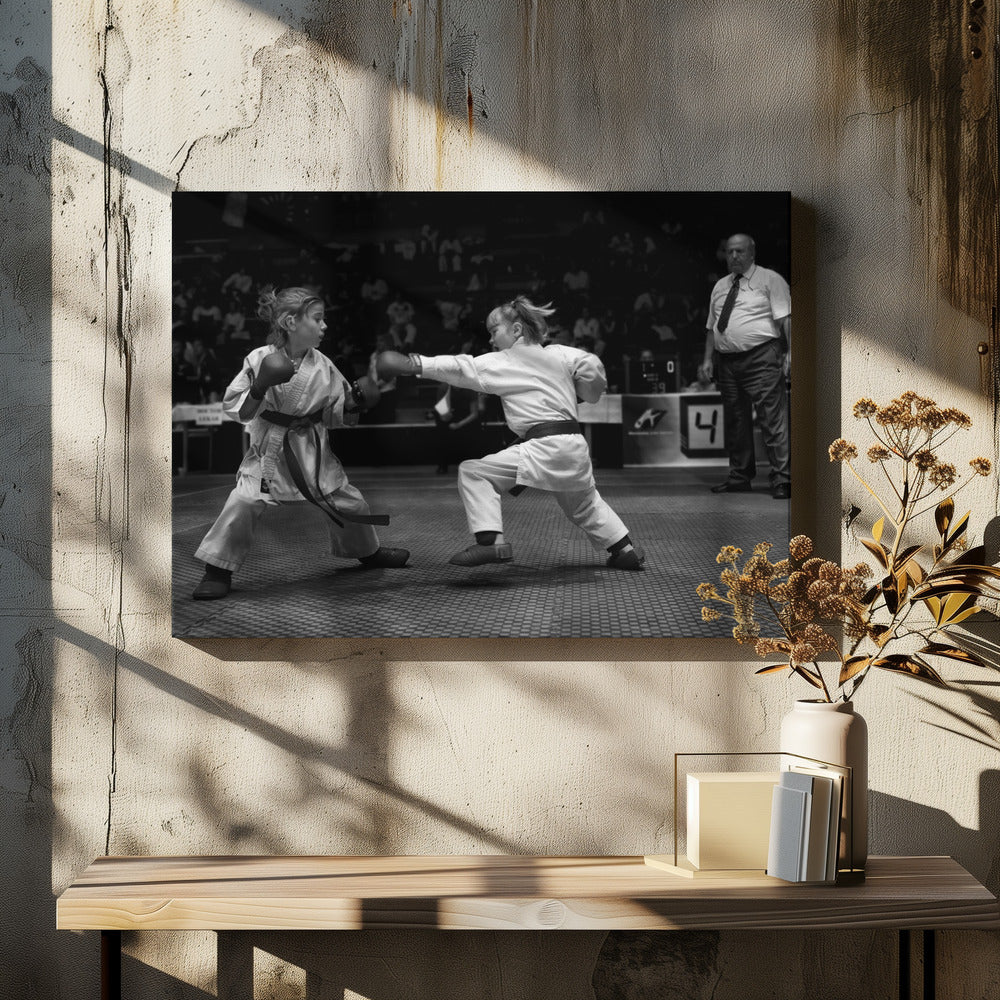 A black and white photograph of two young girls in a karate competition. They are wearing white gis, black belts, and boxing gloves. One girl is in the middle of throwing a punch at her opponent. In the background, a referee stands watching the match, and spectators are blurred in the stands. The image is presented within a silver-colored frame. Print