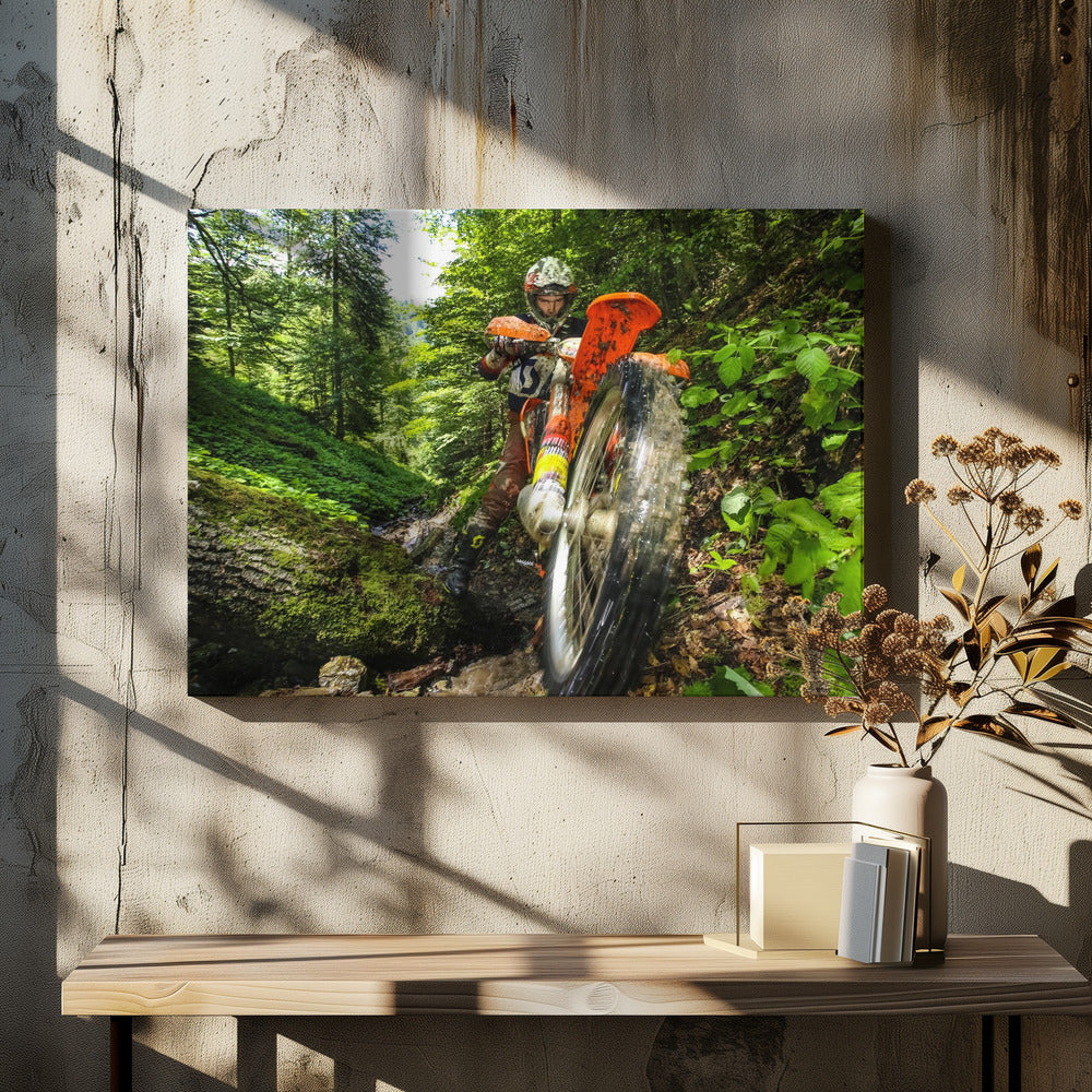 A motocross rider on an orange dirt bike tackles a muddy, wooded trail, maneuvering around a moss-covered log in a lush green forest, seen from a low-angle perspective. Decor