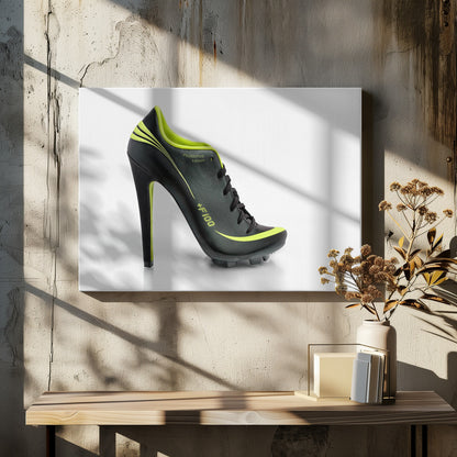 A conceptual piece of digital art featuring a hybrid shoe that is part black soccer cleat and part stiletto high heel. The shoe has neon lime green accents and is displayed against a stark white background inside a silver frame. Decor