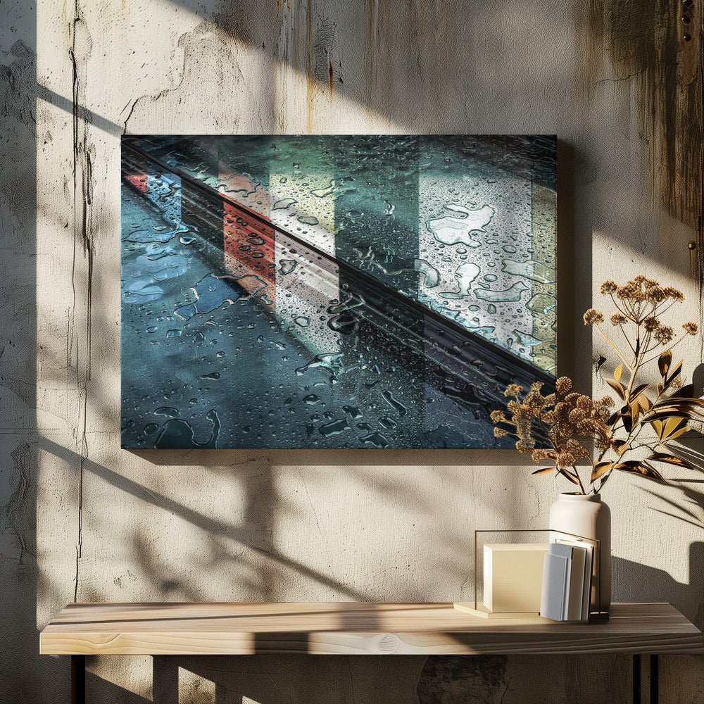 An abstract close-up photograph of a wet, dark surface, possibly a car, covered in raindrops, with a prominent black diagonal line. Colorful vertical stripes of red, cream, and green are reflected on the glossy, wet surface. The artwork is presented in a silver frame. Decor