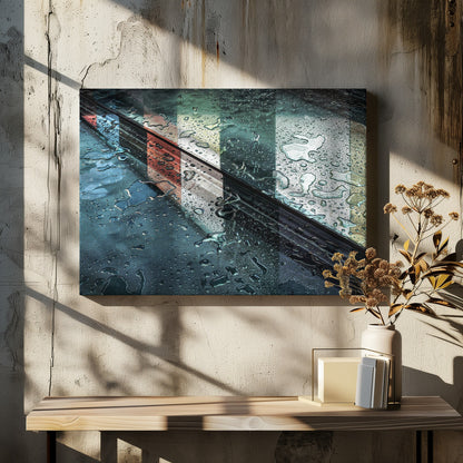 An abstract close-up photograph of a wet, dark surface, possibly a car, covered in raindrops, with a prominent black diagonal line. Colorful vertical stripes of red, cream, and green are reflected on the glossy, wet surface. The artwork is presented in a silver frame. Decor