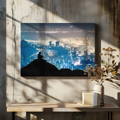 A silhouette of a person sitting on a hilltop, gazing out over a vast, illuminated city skyline at night. The city lights glow in shades of blue and gold against the dark landscape, with a body of water in the distance. Decor