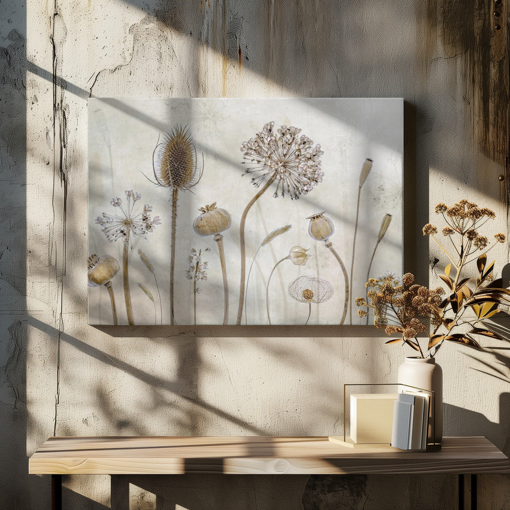 A framed botanical artwork featuring a variety of dried flower heads and seed pods in earthy brown and beige tones. The arrangement, which includes a prominent teasel, poppy pods, and a large allium, is set against a subtle, textured cream background. Print