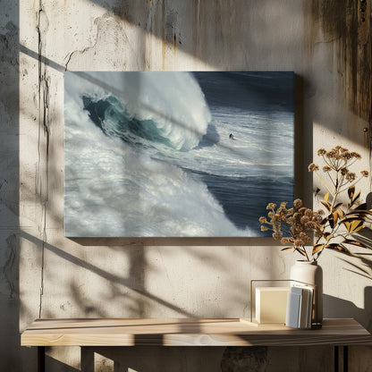 A framed aerial photograph captures a dramatic ocean scene where a lone surfer on a surfboard is dwarfed by an immense, powerful wave cresting nearby, conveying a sense of scale and adventure. Artwork