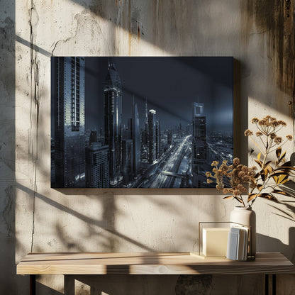A framed, blue-toned nighttime photograph of a futuristic city skyline from an elevated perspective, featuring illuminated skyscrapers and light trails from traffic on a major highway stretching into the distance. Poster