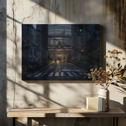 A moody photograph of a wet city street at dusk, leading towards the illuminated facade of Grand Central Terminal in New York City, which is framed by tall, modern skyscrapers. Decor