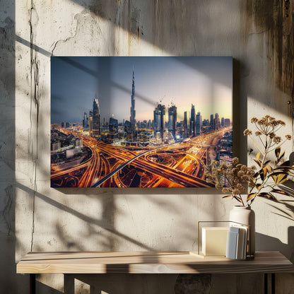 A wide-angle, elevated photograph of the Dubai skyline at dusk, with the iconic Burj Khalifa towering in the center. In the foreground, a complex network of highways glows with the orange light trails of moving traffic, while the city's numerous skyscrapers are illuminated against a twilight sky. Print