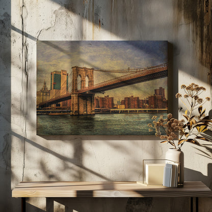 A framed, vintage-style photograph of the Brooklyn Bridge from a low angle, showing its stone pylon and suspension cables against a textured, cloudy sky. The Manhattan skyline and the East River are visible in the background and foreground. Wall Art