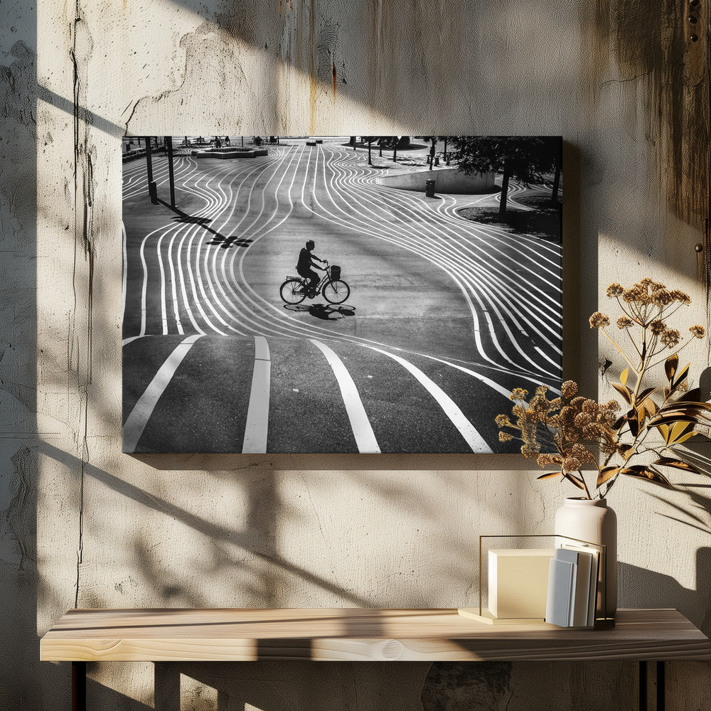 A high-contrast, black and white overhead photograph of a person riding a bicycle across a wide, paved plaza. The ground is covered in a mesmerizing pattern of wavy, parallel white lines, and the cyclist's long shadow is cast by the bright sun. Print
