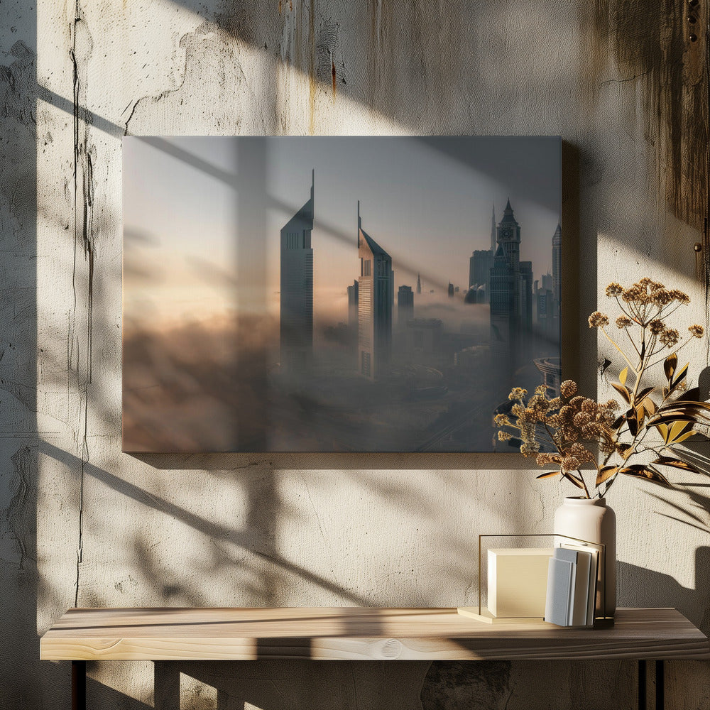 A framed aerial photograph of a futuristic city skyline, likely Dubai, enveloped in a thick layer of fog at sunrise. Tall, modern skyscrapers, including the iconic Emirates Towers, pierce through the clouds, with the warm light of the rising sun creating a hazy, golden glow on the left. Poster