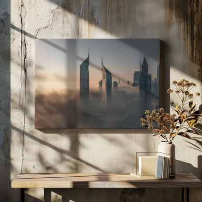 A framed aerial photograph of a futuristic city skyline, likely Dubai, enveloped in a thick layer of fog at sunrise. Tall, modern skyscrapers, including the iconic Emirates Towers, pierce through the clouds, with the warm light of the rising sun creating a hazy, golden glow on the left. Poster