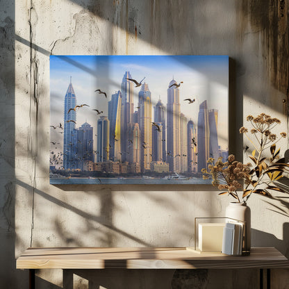 A framed artwork of the Dubai city skyline, featuring modern skyscrapers bathed in the golden light of sunset. A flock of seagulls flies in the foreground above the water, where several yachts are docked. Artwork