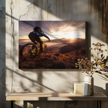 A mountain biker, seen from behind, stops at the top of a grassy hill to admire a spectacular sunset over a vast mountain range. The valleys below are filled with mist, and the sun's golden rays create a stunning starburst effect against the silhouetted peaks. Print
