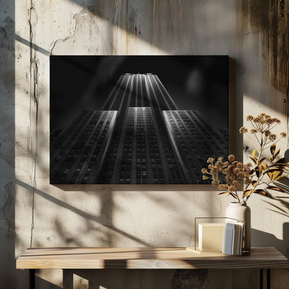A dramatic, low-angle black and white photograph of the Empire State Building at night. The perspective looks up from the base, emphasizing the skyscraper's height and Art Deco details. Spotlights highlight the vertical lines of the building against a dark, moody sky, all enclosed in a silver frame. Poster