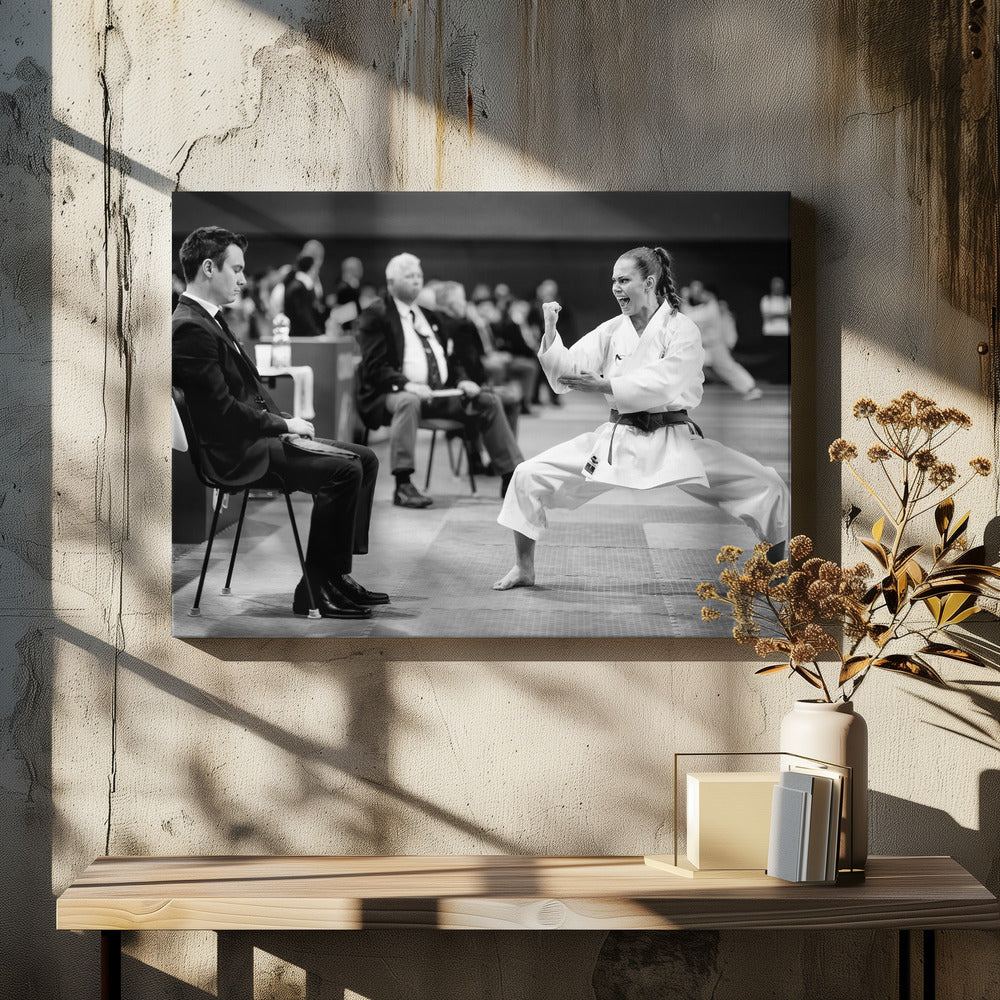 A dynamic black and white photograph of a female martial artist in a white gi and black belt, mid-kiai. She is in a deep, wide stance on a matted floor, her face filled with intensity and her fist clenched. In the foreground, a man in a suit sits and watches, while other spectators are seated in the blurred background, suggesting a competition or demonstration setting. The entire image has a silver-colored frame. Print