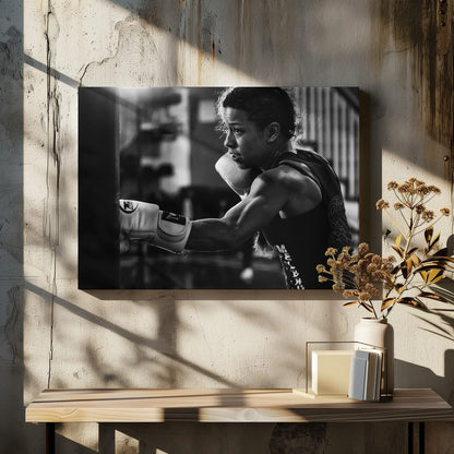 A dramatic black and white photo of a muscular female boxer in profile, intensely focused as she punches a heavy bag, set within a silver frame. Print