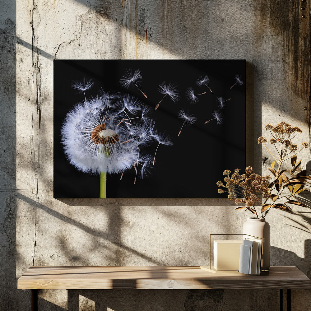 A close-up, framed photograph of a dandelion seed head against a stark black background, with its fluffy white seeds being carried away by an unseen wind. Wall Art