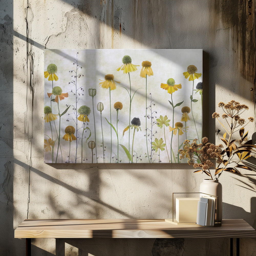 A collection of pressed wildflowers, primarily yellow and orange coneflowers with green and brown centers, arranged vertically against a textured, off-white background within a silver frame. Print