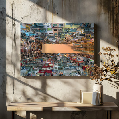 An upward-looking photograph from a courtyard surrounded by densely packed, multi-colored apartment buildings that create a rectangular frame around an orange sky. The unique perspective creates a surreal and geometric view of an urban landscape, all enclosed in a silver frame. Artwork