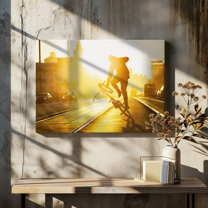 A silhouetted BMX rider performs a trick on a city street during a brilliant golden sunset, with the sun flaring behind them and casting long shadows on the tram tracks. Decor
