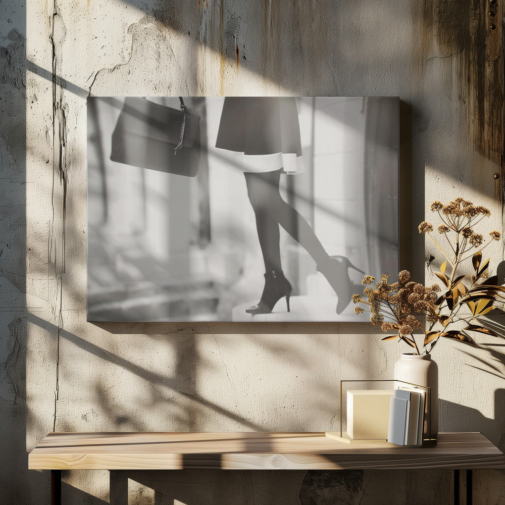 A framed, black and white fashion photograph focusing on the lower half of a woman as she walks. She is wearing a dark skirt with a white hem, black tights, and stylish high-heeled ankle boots, and she is carrying a dark handbag. Print