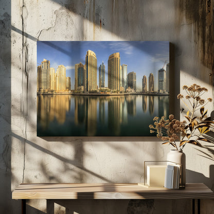 A panoramic photograph of the Dubai Marina skyline with its golden skyscrapers reflecting in the calm, dark water below, all under a clear blue sky and framed in silver. Wall Art