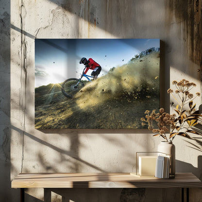 A mountain biker wearing a red jersey and helmet speeds down a steep, dusty trail, kicking up a large cloud of dirt. The sun is setting in the background, creating a lens flare against a clear blue sky. The image is captured from a low angle, emphasizing the action and speed, and is presented within a silver frame. Artwork