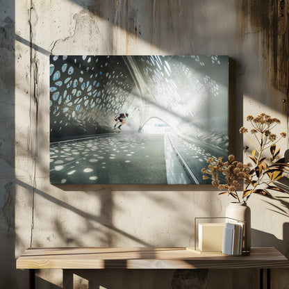 A skateboarder is captured mid-air performing a trick inside a futuristic, metallic tunnel with patterned cutouts that cast dappled light and shadows across the scene, all enclosed within a silver frame. Artwork