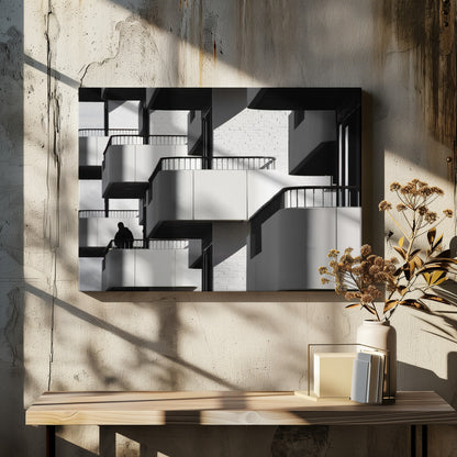 A black and white architectural photograph of a modern building with repeating geometric balconies. Strong sunlight creates deep shadows, emphasizing the lines and curves of the structure. A lone silhouetted figure stands on one of the lower balconies. Decor
