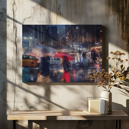 An artistic motion-blur photograph of a rainy night on East 42nd Street in New York City. Pedestrians with umbrellas, one with an American flag design and another bright red, cross the wet street as city lights and a yellow taxi reflect on the pavement, creating a vibrant, impressionistic scene within a silver frame. Decor