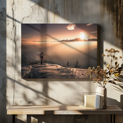 A lone person stands on a snowy mountain peak at sunrise, carrying a bicycle over their shoulder. They look out over a valley filled with a sea of clouds, with distant mountain ranges silhouetted against the bright, golden sun. Artwork