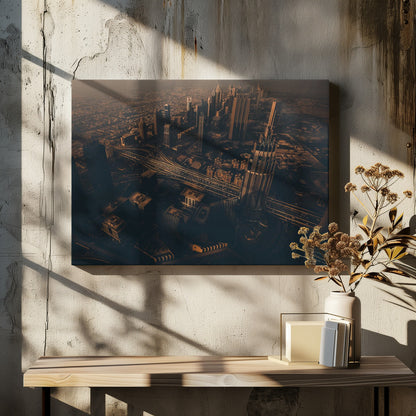 An aerial view of a sprawling modern city at dusk, with the warm glow of sunset casting long shadows over skyscrapers and illuminating a complex network of highways. The photograph has a warm, sepia-like tone and is presented within a silver-colored frame. Decor
