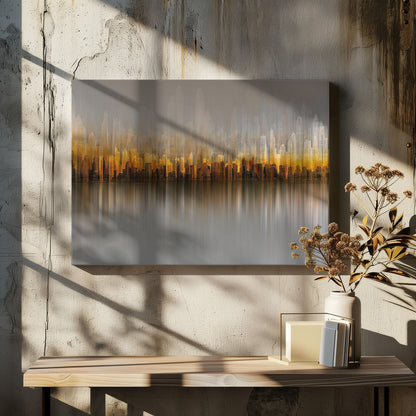 An abstract painting of a city skyline at sunset or sunrise, with buildings glowing in shades of gold, orange, and brown. The hazy, gray sky shows faint outlines of taller buildings in the background. The city is reflected in the water below, with the colors stretched into long, vertical streaks that blend into the gray foreground. The entire piece is enclosed in a simple silver frame. Wall Art