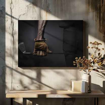 A dramatic close-up of a person's muscular forearm and hand wearing a tan leather glove, holding a golf iron horizontally against a dark background, framed in silver. Wall Art
