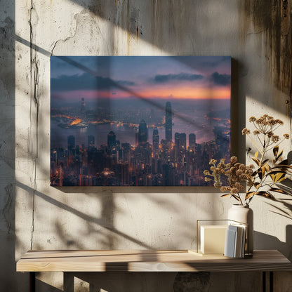 An aerial photograph of a sprawling city skyline at dusk, likely Hong Kong, with countless illuminated skyscrapers. The sky above transitions from a warm orange glow at the horizon to a deep purple, with dark clouds overhead. The city lights cast a golden reflection on the water of the harbor. The entire image is presented within a silver-colored frame. Poster