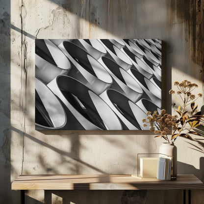 A framed, black and white photograph captures a low-angle, close-up view of a modern building's facade. The image features a repeating pattern of slanted, oval, or teardrop-shaped metallic elements, creating a dynamic interplay of light, shadow, and reflection. Print