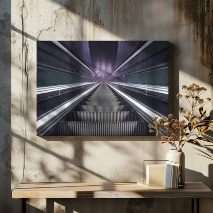 A symmetrical, first-person view looking down a long, empty escalator in a modern subway station, with bright white lights lining the handrails and a purple glow on the ceiling, creating a futuristic and infinite perspective. Wall Art
