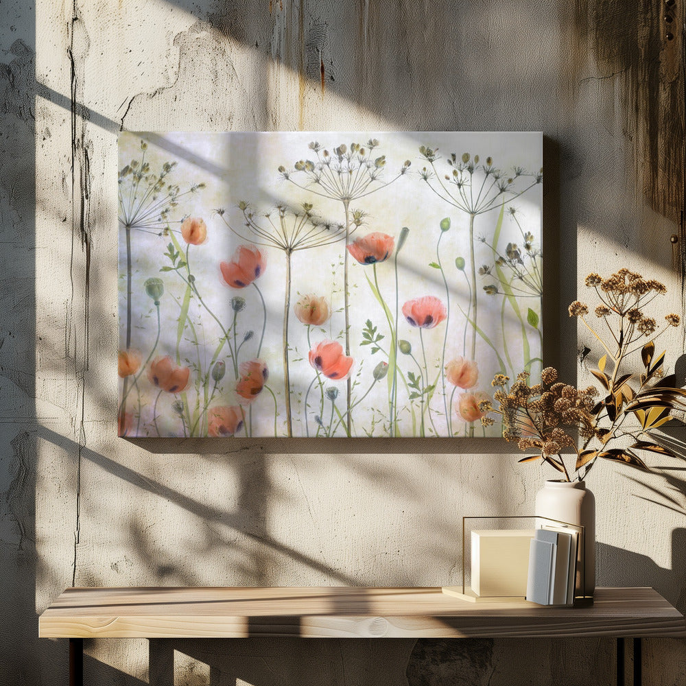 A delicate botanical artwork in a silver frame, featuring translucent orange poppies and the skeletal forms of dried Queen Anne's lace against a soft, textured cream background, creating a dreamy, ethereal meadow scene. Decor
