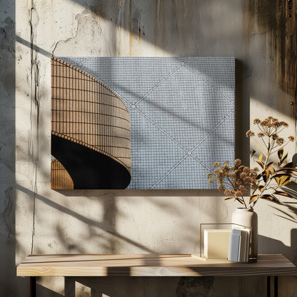 An abstract architectural image with a painterly texture, framed in gray. The composition features a curved wall of vertical brown tiles on the left, casting a sharp black shadow, juxtaposed with a flat surface of gray square tiles arranged in a grid with diagonal lines on the right. Artwork