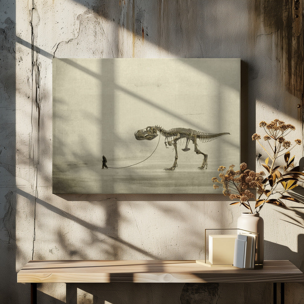 A surreal, sepia-toned artwork depicting a small man in a dark coat walking a massive Tyrannosaurus Rex skeleton on a leash against a minimalist, textured beige background, all within a silver frame. Wall Art