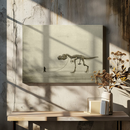 A surreal, sepia-toned artwork depicting a small man in a dark coat walking a massive Tyrannosaurus Rex skeleton on a leash against a minimalist, textured beige background, all within a silver frame. Wall Art