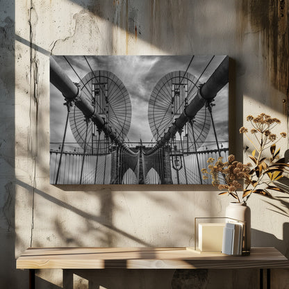 A symmetrical, low-angle black and white photograph of the Brooklyn Bridge's suspension cables and towers against a cloudy sky, framed in silver. Poster