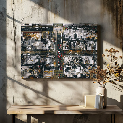A framed, top-down aerial photo of a dense city grid. The monochromatic scene of white rooftops and dark streets is punctuated by the red and white cars creating lines of traffic below. Decor