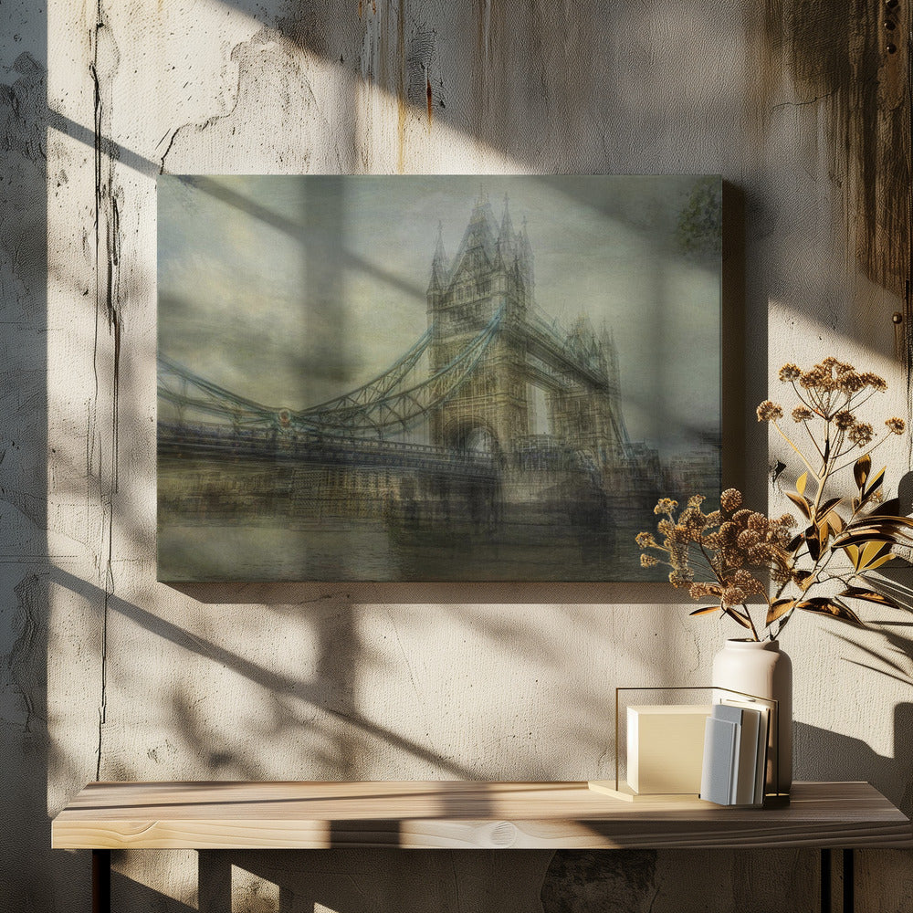 An artistic, hazy depiction of London's Tower Bridge under a cloudy sky. The image has a textured, vintage feel with a muted color palette of greys and beiges, and is set within a simple silver frame. Print