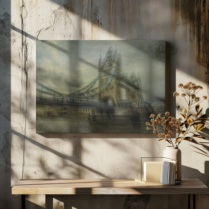 An artistic, hazy depiction of London's Tower Bridge under a cloudy sky. The image has a textured, vintage feel with a muted color palette of greys and beiges, and is set within a simple silver frame. Print
