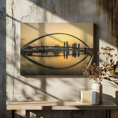 A sweeping view of the Dubai Water Canal Bridge at sunset, its white arch and cables stretching over the calm water. The city skyline, including the Burj Khalifa, is silhouetted against the golden sky, with the entire scene creating a perfect reflection in the water below. Print